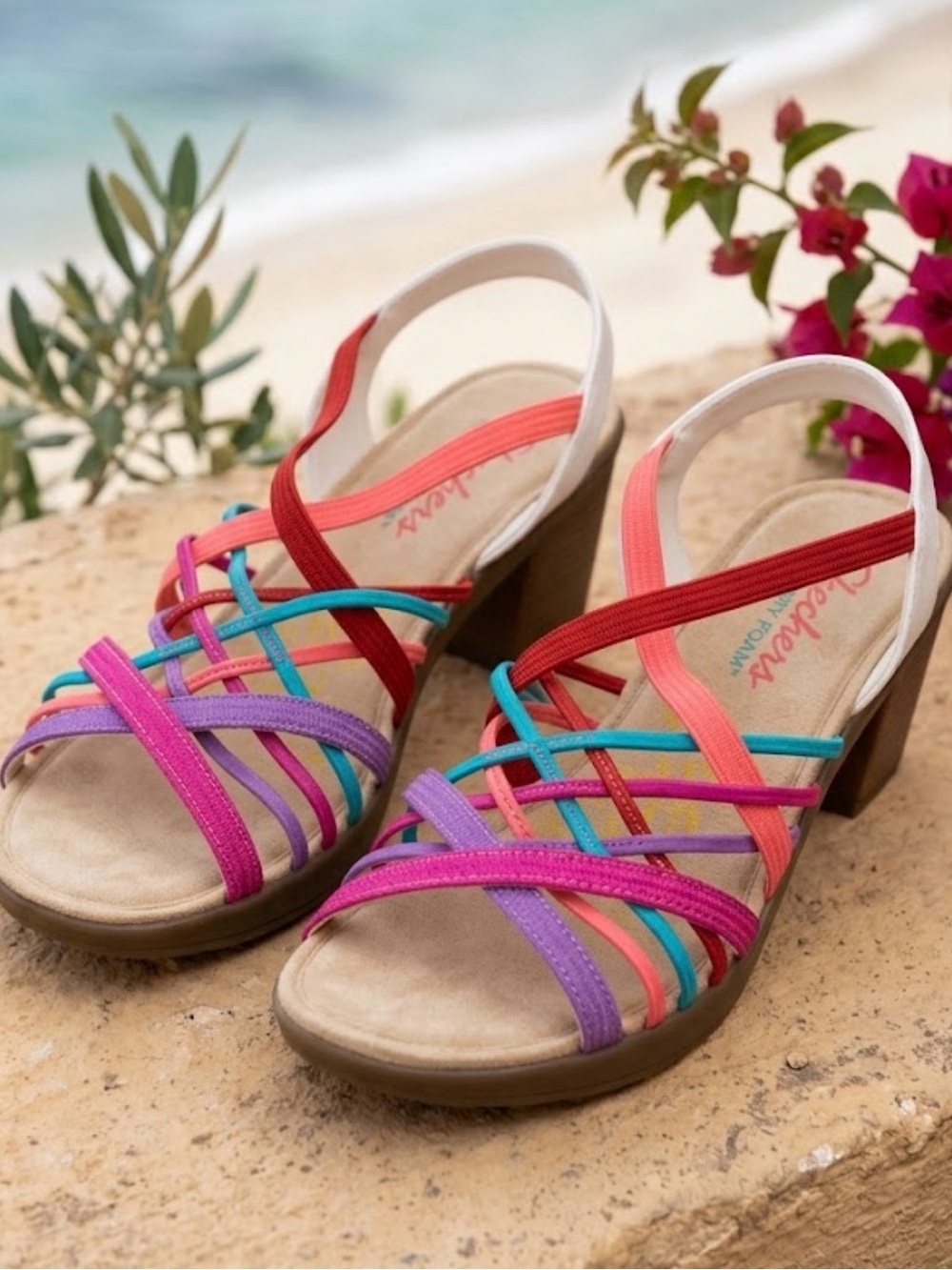 Skechers Multicolor Strappy Slingback Heels - Pink, Purple, Turquoise, Coral